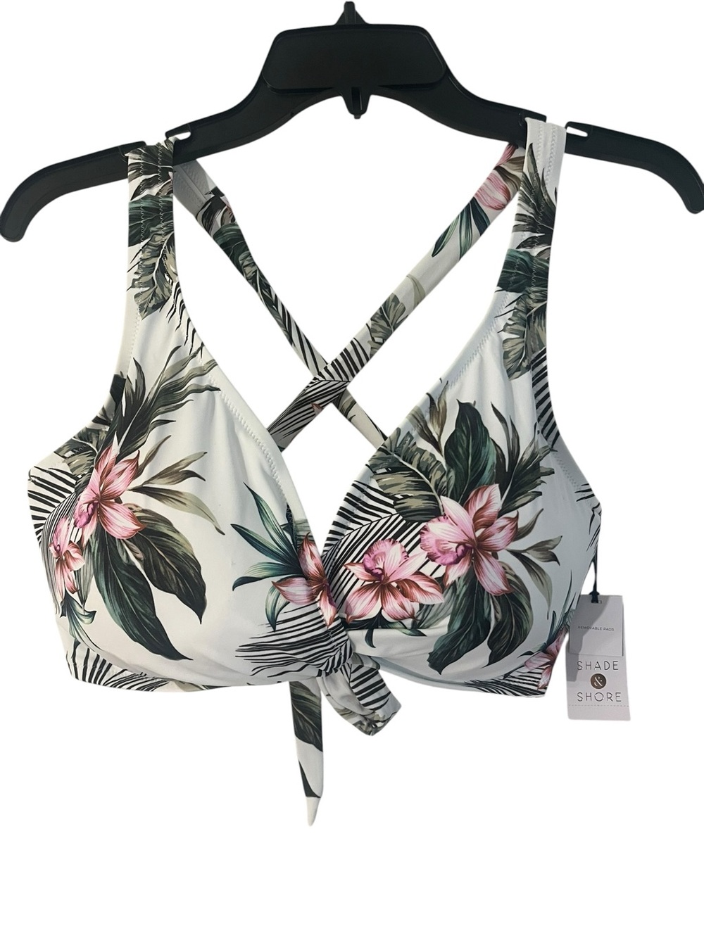 Shade & Shore White Floral Tie-Front Bikini Top with Pink Blooms